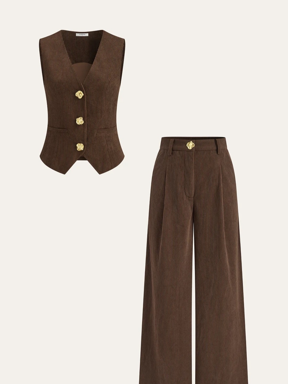 COMMENSE Brown Corduroy Wide-Leg Pants & Vest Set